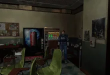 Leon stands in a Resident Evil 2 cafeteria beside a ChoCha Cola vending machine