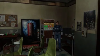 Leon stands in a Resident Evil 2 cafeteria beside a ChoCha Cola vending machine