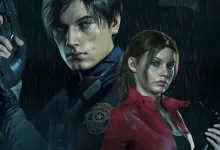 Leon Kennedy and Claire Redfield stand together in the rain in Resident Evil artwork