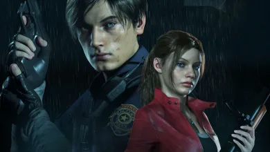 Leon Kennedy and Claire Redfield stand together in the rain in Resident Evil artwork