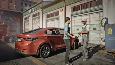 A driver speaks with a mechanic beside a red sedan outside an auto repair shop in Rideshare "Stimulator".