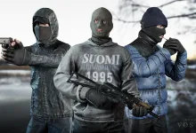 Three masked armed characters in winter clothing from Road to Vostok