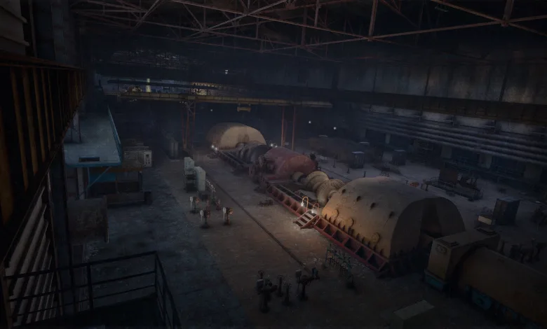 A dark abandoned turbine hall filled with large generators, pipes, railings, and industrial machinery