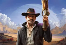 A mustached gunslinger holding a firearm in a desert landscape in SAND: Raiders of Sophie
