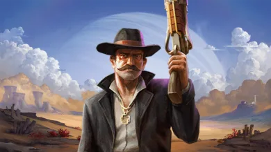 A mustached gunslinger holding a firearm in a desert landscape in SAND: Raiders of Sophie