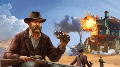 A character holding a rifle and binoculars in a desert as a large vehicle explodes in SAND: Raiders of Sophie