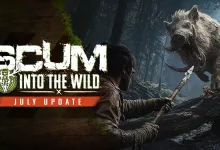A SCUM survivor confronts a large mutant boar in a forest during the Into the Wild July Update