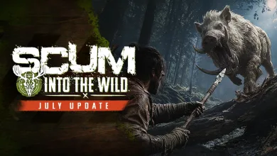 A SCUM survivor confronts a large mutant boar in a forest during the Into the Wild July Update