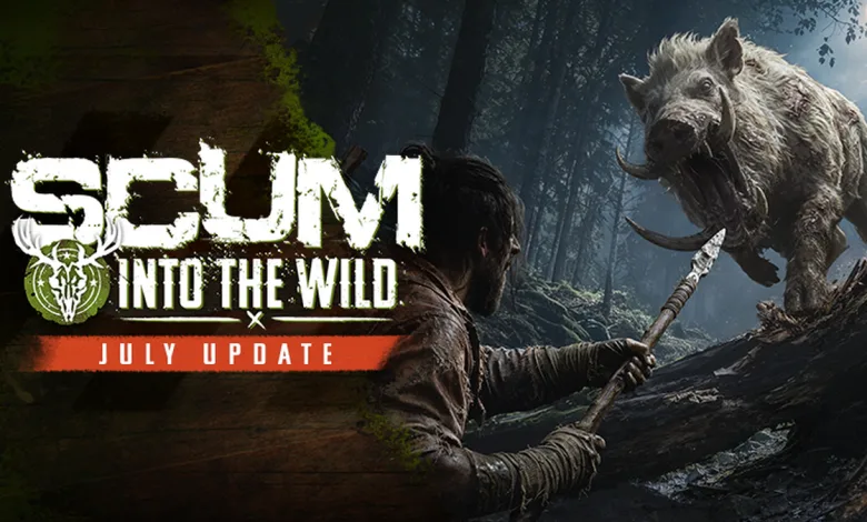 A SCUM survivor confronts a large mutant boar in a forest during the Into the Wild July Update
