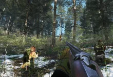 SCUM player hunting in a snowy forest with a shotgun