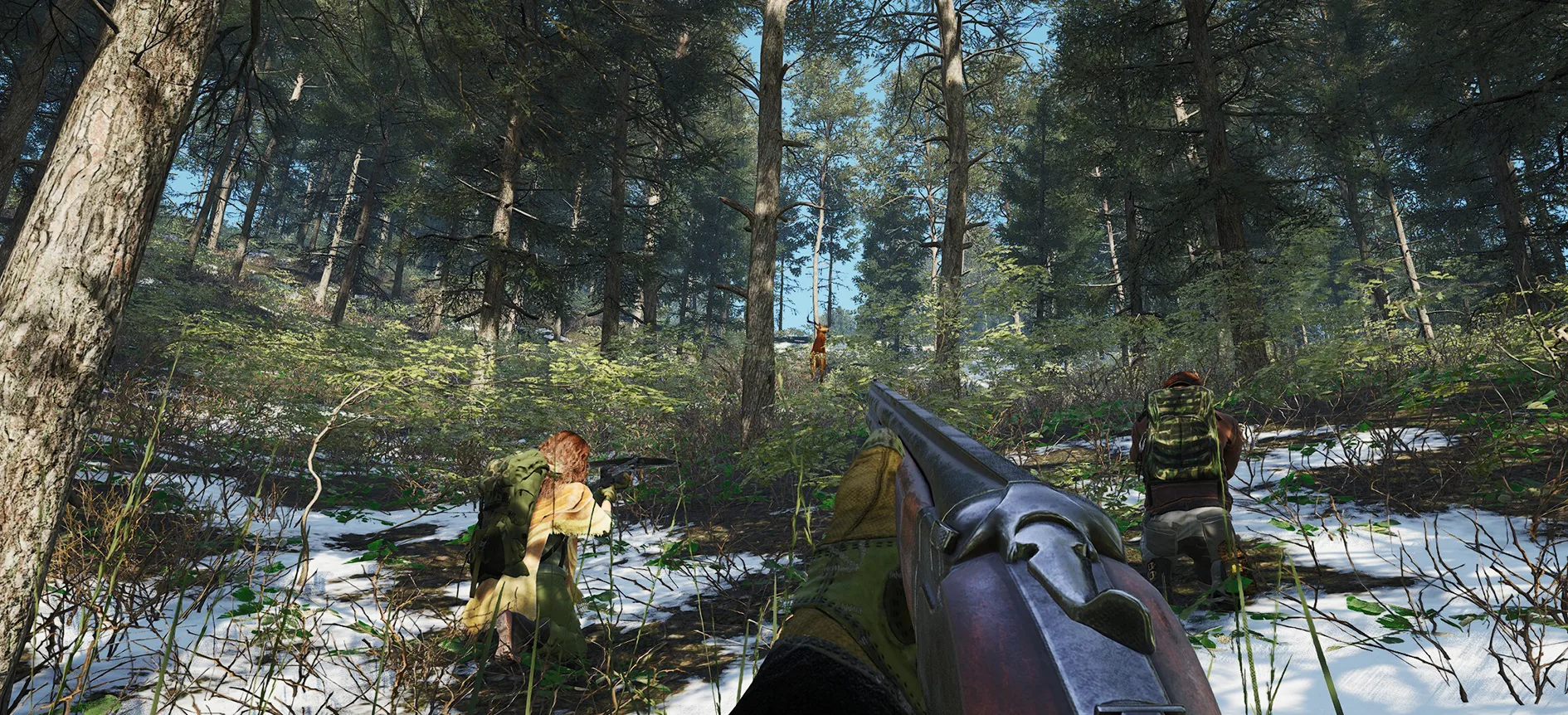 SCUM player hunting in a snowy forest with a shotgun