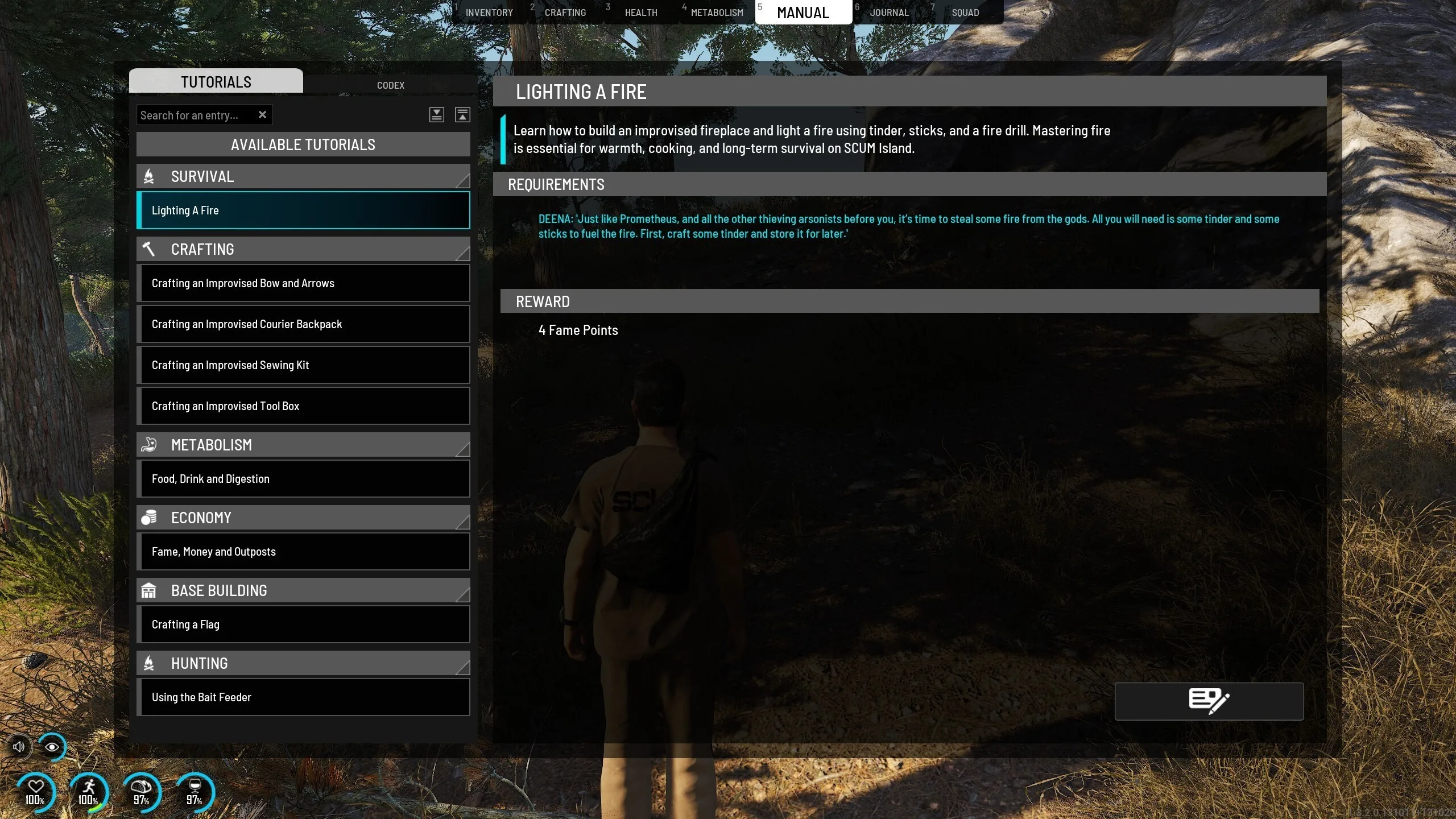 SCUM tutorial menu showing the available training categories