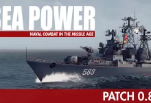 Naval warship numbered 583 moving through the ocean beneath the Sea Power logo and Patch 0.8.2 text