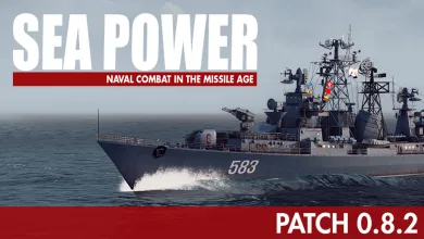 Naval warship numbered 583 moving through the ocean beneath the Sea Power logo and Patch 0.8.2 text