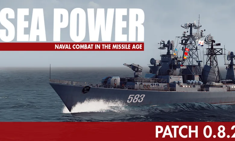 Naval warship numbered 583 moving through the ocean beneath the Sea Power logo and Patch 0.8.2 text