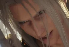 Close-up of Sephiroth with long silver hair in Final Fantasy 7 Rebirth
