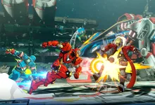 Several MARVEL Tōkon fighters attacking during a match