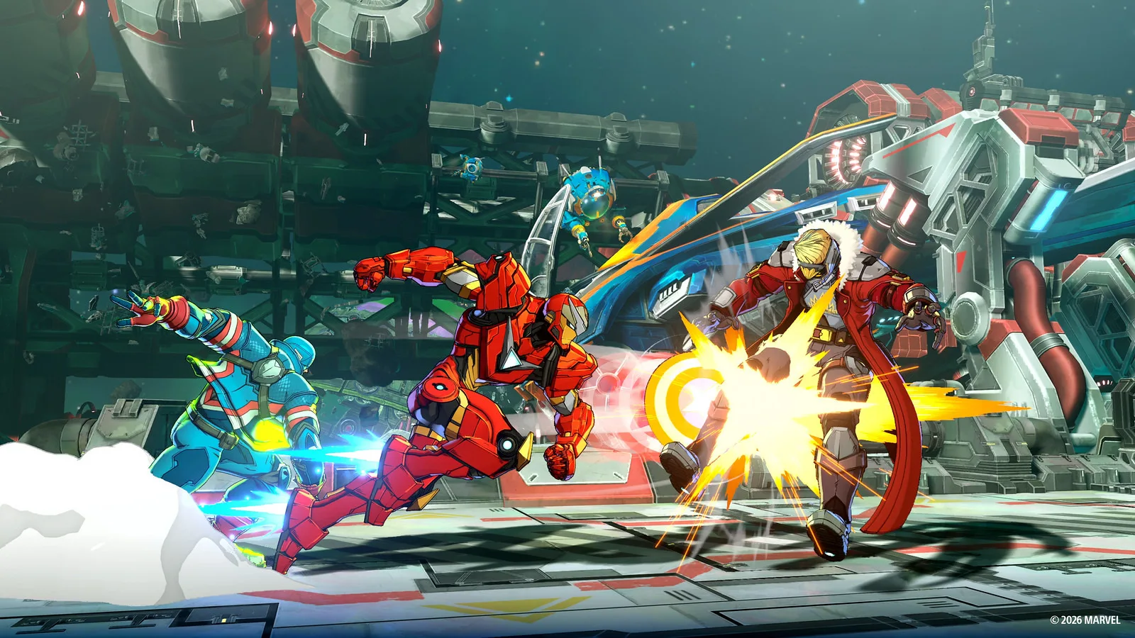 Several MARVEL Tōkon fighters attacking during a match