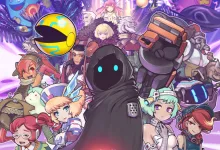 Colorful group illustration of Shadow Labyrinth characters with the hooded protagonist standing in the center
