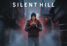 A person holds a handheld device in a dark, fog-filled street beneath the Silent Hill: Townfall logo