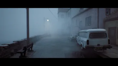 A foggy town street with a parked white van, stone wall, and dim streetlamp in Silent Hill: Townfall