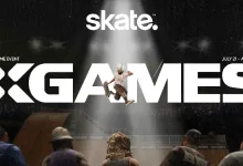 skate. X Games artwork showing a skateboarder above the X Games logo and spectators in a skatepark