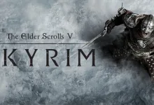 Armored Skyrim character lunging across a snowy background beside The Elder Scrolls V: Skyrim logo