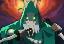 A green-hooded, horned character wielding two blades against a fiery background in Slay the Spire 2