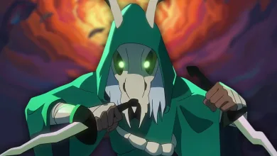 A green-hooded, horned character wielding two blades against a fiery background in Slay the Spire 2