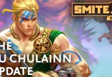 Blond armored warrior with blue face paint in front of a colorful fantasy battle scene, with SMITE 2 Beta branding and text reading The Cu Chulainn Update