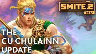 Blond armored warrior with blue face paint in front of a colorful fantasy battle scene, with SMITE 2 Beta branding and text reading The Cu Chulainn Update