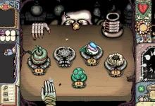Sol Cesto gameplay showing a hand-drawn dungeon table with strange enemies, objects, and selectable items