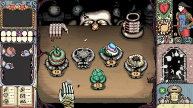 Sol Cesto gameplay showing a hand-drawn dungeon table with strange enemies, objects, and selectable items