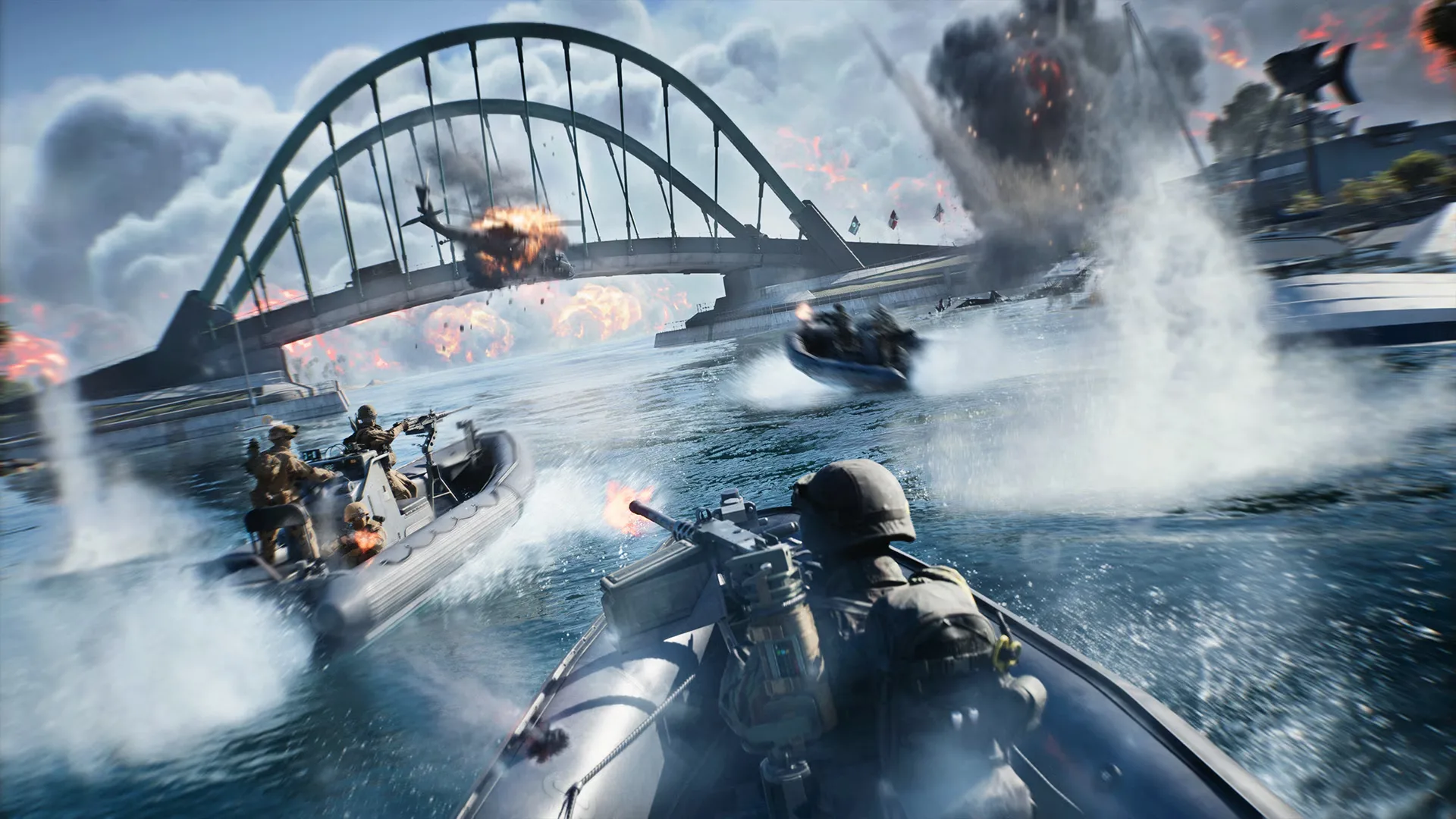 Soldiers traveling by boat through choppy water near a damaged bridge