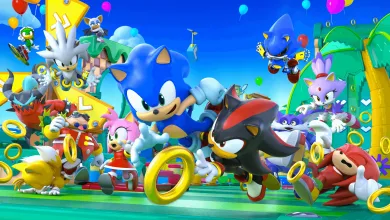 Sonic the Hedgehog and other Sonic characters running through a colorful game world