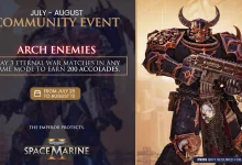 Armored Chaos Space Marine holding a large weapon beside text announcing the Arch Enemies community event and three Eternal War matches for 200 Accolades