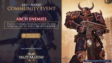 Armored Chaos Space Marine holding a large weapon beside text announcing the Arch Enemies community event and three Eternal War matches for 200 Accolades