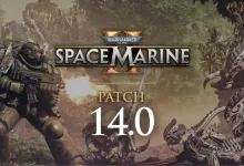 Space Marines and Tyranid enemies shown beneath the Warhammer 40,000: Space Marine 2 Patch 14.0 title
