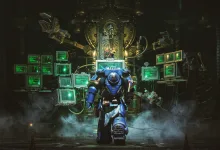 A Space Marine stands in a dark command room surrounded by glowing computer screens and machinery.