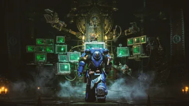 A Space Marine stands in a dark command room surrounded by glowing computer screens and machinery.