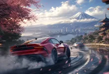 Two sports cars drift around a wet mountain road overlooking a Japanese lakeside city and Mount Fuji.