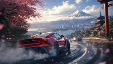 Two sports cars drift around a wet mountain road overlooking a Japanese lakeside city and Mount Fuji.