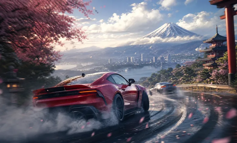 Two sports cars drift around a wet mountain road overlooking a Japanese lakeside city and Mount Fuji.