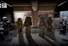 Several STALCRAFT: X characters gather inside a damaged industrial building in the Zone