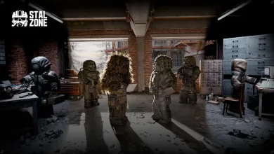 Several STALCRAFT: X characters gather inside a damaged industrial building in the Zone