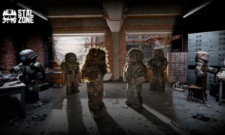 Several STALCRAFT: X characters gather inside a damaged industrial building in the Zone