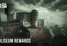 Foggy STALCRAFT: X cityscape labeled Coliseum Rewards