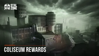Foggy STALCRAFT: X cityscape labeled Coliseum Rewards