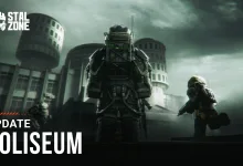 Armored STALCRAFT: X characters standing in a dark urban setting beneath the text “UPDATE COLISEUM”
