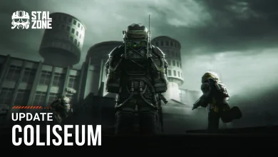 Armored STALCRAFT: X characters standing in a dark urban setting beneath the text “UPDATE COLISEUM”